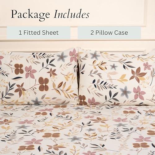 Image of Amazon Brand - Umi Cotton Fitted Bedsheet, Queen Size 78x60 Inches, Elastic Fit Bed Sheet, 10 Inch Deep Pocket, Soft Breathable Bedding, Durable Easy Care, with Pillow Cover-Earthy Flora