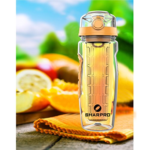 sharpro 32 oz. Infuser Water Bottles - Featuring a Full Length Infusion Rod, Flip Top Lid, Dual Hand Grips (Tangerine) - Thumbnail 2
