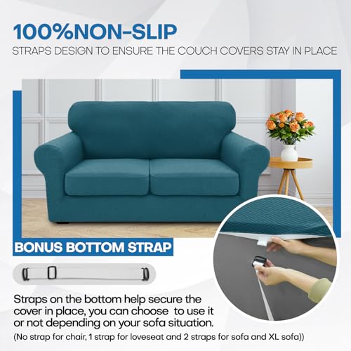 XINEAGE New 4 Pieces Extra Large Couch Covers for 3 Cushion Sofa Super Stretch Sofa Cover for 3 Large Seat Cushion Universal Slip Cover for Living Room (Peacock Blue), 91"-110"(3 Cushions)