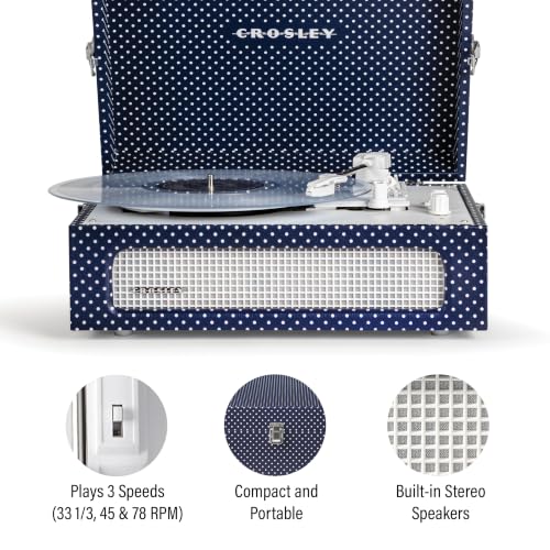 Image of Crosley CR8017B-ND Voyager Record Player, Navy Dot | 3-Speed Turntable, Bluetooth In / Out, Built-in Full-Range Stereo Speakers, Adjustable Pitch Control