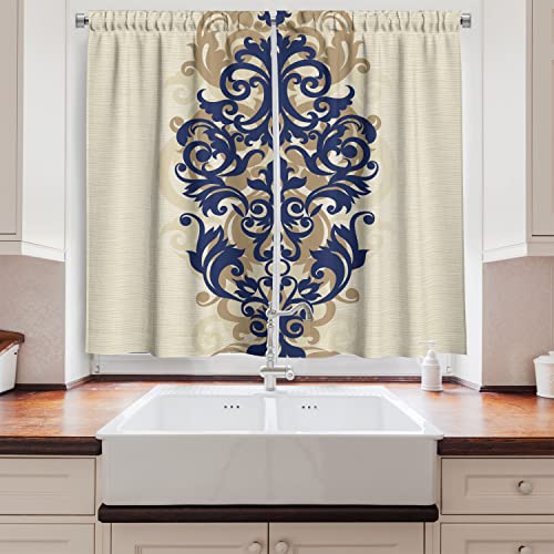 Ambesonne Vintage Kitchen Curtains, Classical Baroque Vintage Design Print Victorian Style Royal Orient, Window Drapes 2 Panel Set For Kitchen Cafe Decor, 55" X 39", Cream Navy #TOP1