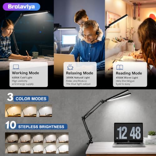 Image of BROLAVIYA Overhead Double Head Led Desk Lamp Light with Metal arm Stand,3 Lighting Modes, Dimmable, with 12V /2A 24W Power with Adaptor for Home Office,Desktop, Bedroom, Reading, Study lamp etc