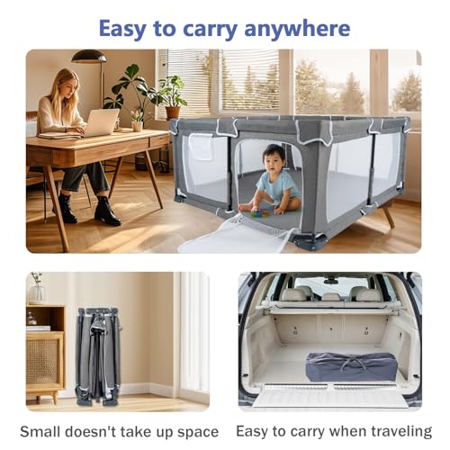 Image of Foldable Baby Playpen 59 inchx71 inch，Playpen for Babies and Toddlers with Mat，with Door，Indoor and Outdoor Baby Fence Play Area (Grey (Cationic Fabric) with Mat