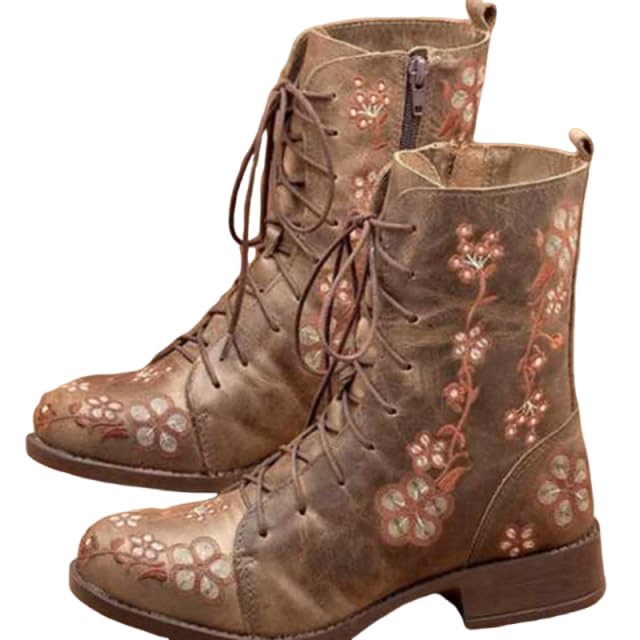 Vintage Embroidered Floral Ankle Booties for Women, Lace Up Side Zip Ankle Boots Chunky Heel Fall Winter