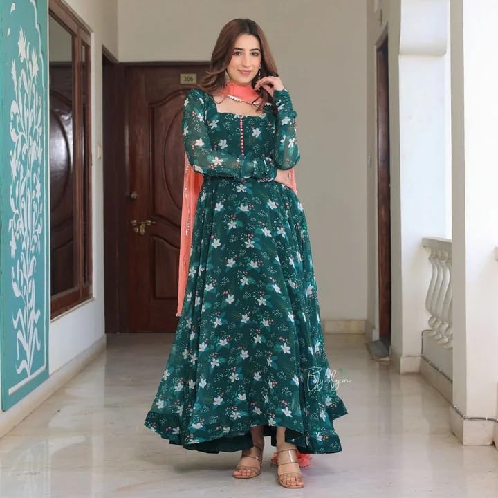 Image of KD Women Pure Georgette Floral Print Anarkali Kurta Pant Set with Dupatta Anarkali Kurti for Women