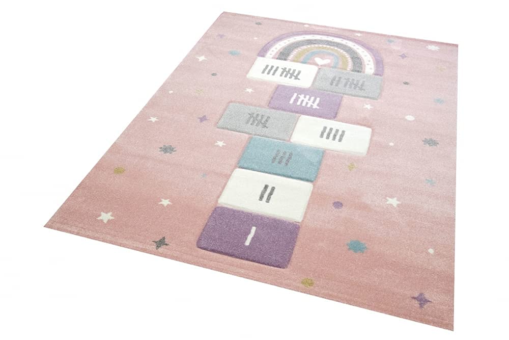 Teppich-Traum Tapis Chambre D'enfant Tapis De Jeu Marelle Jeu De Saut Arc -en-Ciel Cœurs Beige Brun Gris - Antidérapant & Entretien Facile Größe 80x150 Cm