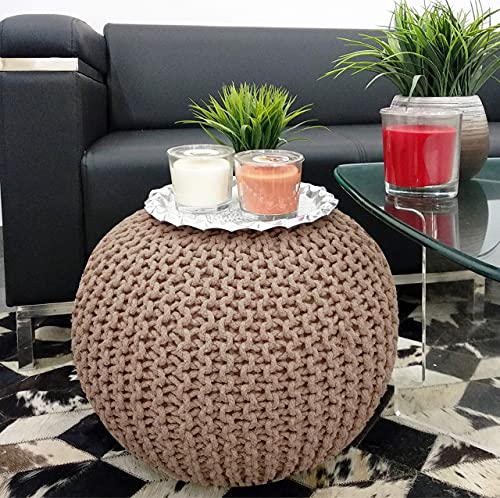 Frelish Decor Round Pouf Ottoman Hand Knitted 100% Cotton Pouf Foot Stool - Knitted Bean Bag - Floor Chair For Living Room Bedroom - Foot Rest For Couch (20 Diameter X 14 Height) - Taupe #TOP1