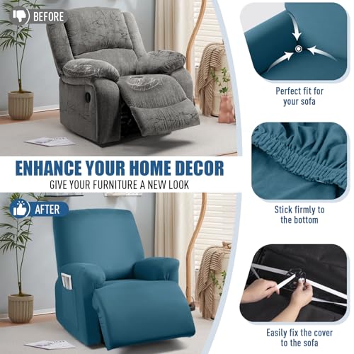 Image of TAOCOCO Recliner Chair Covers 4-Pieces for Oversized Recliner, Stretch Recliner Cover for Large Reclining Chair Washable Polyester Soft Fabric Furniture Protector(Oversized Recliner, Turquoise Blue)