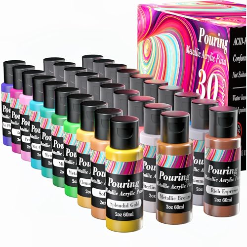 Metallic Acrylic Pouring Paint, Set of 30 Metallic Colors Fluid acrylic paint, Pre-Mixed High Flow & Ready to Pour(30x 2 oz./ 60 ml) for Easter Decorations, Canvas & Paper, Rocks, Wood, and More