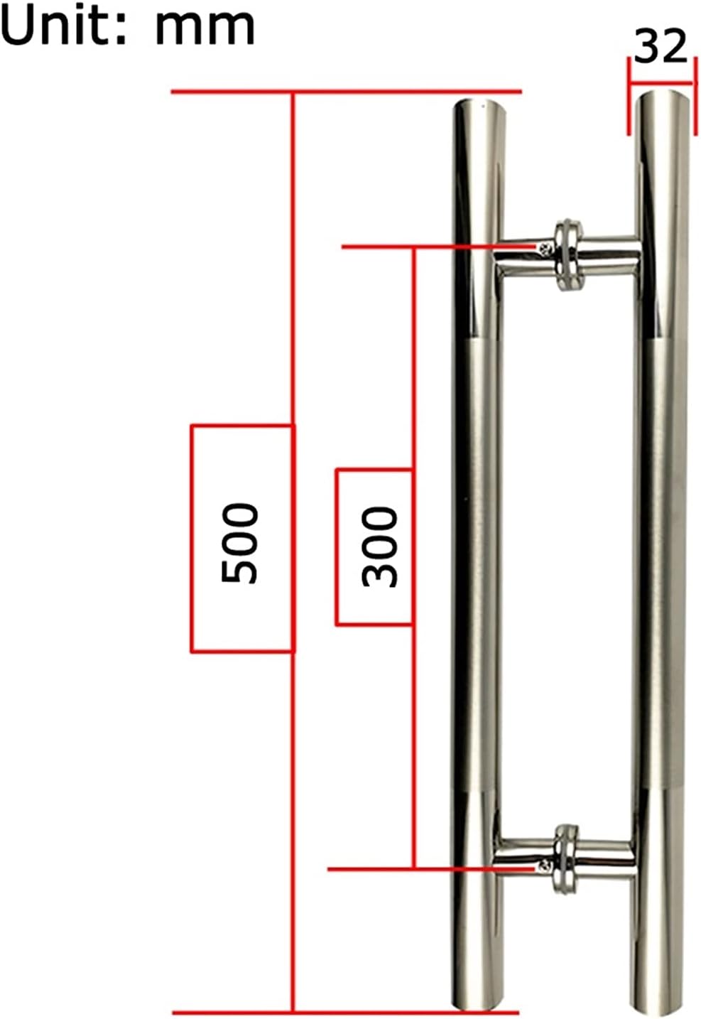 Gate Hardware Durable 304 Stainless Steel Brushed Round Tube Door Handle Glass Door Push-Pull Handle Wooden Door Sliding Handrail (32×500×300mm)