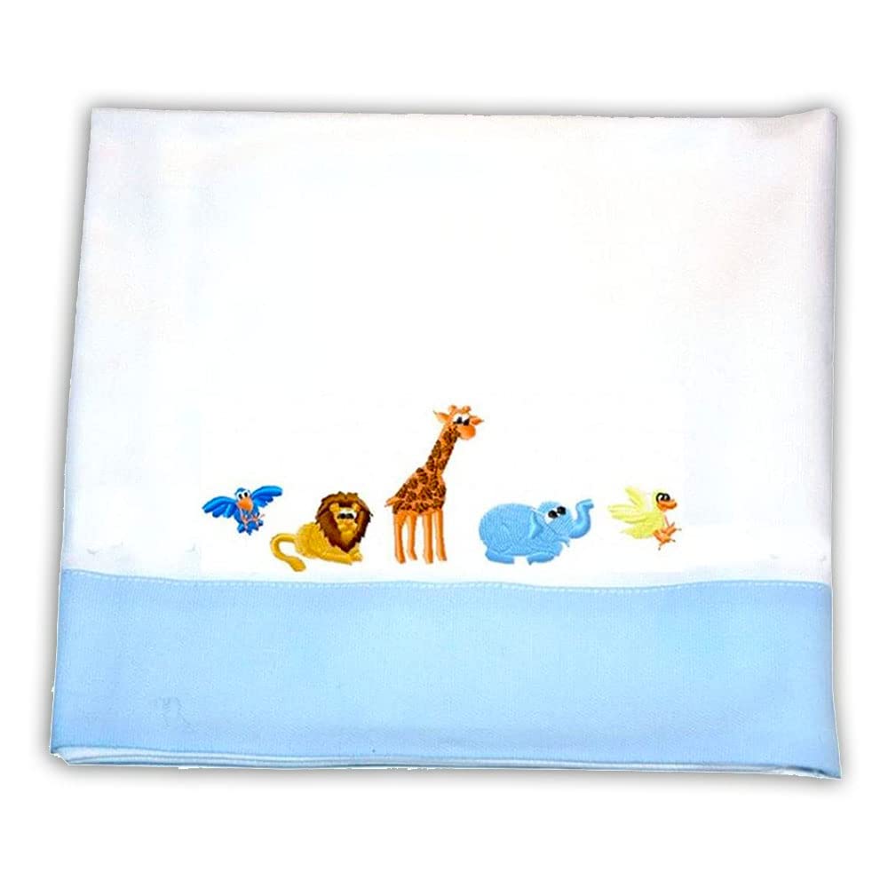 Zigozago - Set 3 pz Lenzuola in Piquet per culla con Ricamo Arca di Noè | Colore Azzurro | Federa, Lenzuolo e Coprimaterasso con Elastico | Misure 90x75 cm | Fatto a Mano, personalizzabile con nome