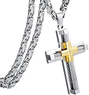 ADRAMATA Cross Necklace for Men Stainless Steel Large Cross Chain Silver/Gold/Black Cross Pendant Byzantine Chain Necklace, 61CM