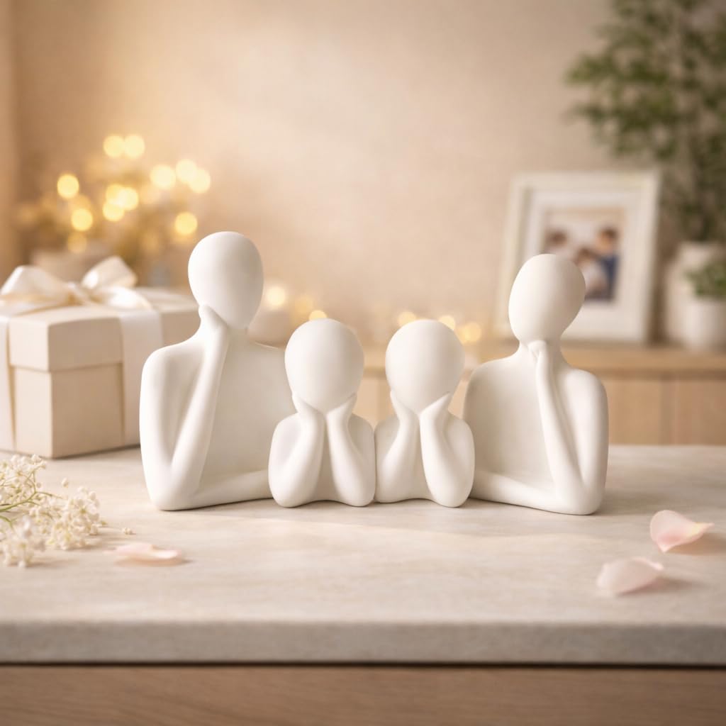 Couple Family Statue Set | Ceramic Thinker Sculpture for Home Decor | Modern People Figurines for Living Room Table and Office | White Showpiece Artifact (Set of 4)