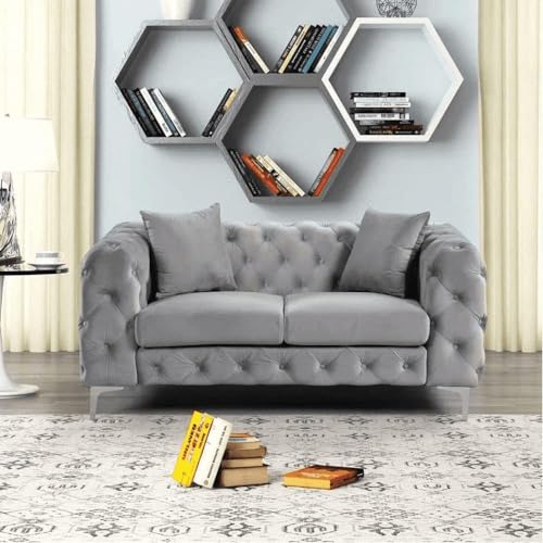 Image of A to Z Furniture Classic 3+2=5 Seater Sofa Set Luxury Chesterfield Velvet Sofa in for Home Living Room & Office (Grey)