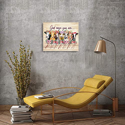 Cute Cow Canvas Wall Art God Says You Are Rustic Farm Cow Kitchen Decor Flower Wooden Background Quotes Pictures Framed Modern Giclee Print Painting Home Decoration For Living Room Bedroom 16X20Inch #TOP2