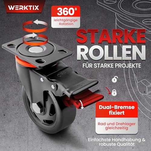 WERKTIX Schwerlastrollen 100mm - 4er Premium Set - 400kg Tragfähigkeit – 360° Lenkrollen für Möbel, Werkstatt & Industrie – Leise & Outdoor geeignet mit Dual-Bremse