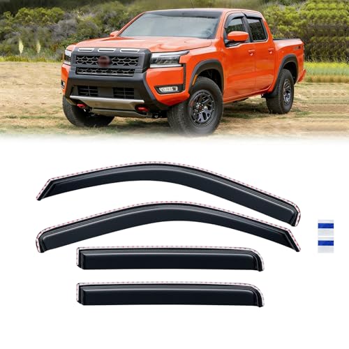 Image of in-Channel Rain Guards for 2022-2026 Nissan Frontier Crew Cab, Window Visor Shields Vent Deflector Shade Wind Dark Smoke 2023 2024 22 23 24 25, Tape-On Outside-Mount, 4PCS