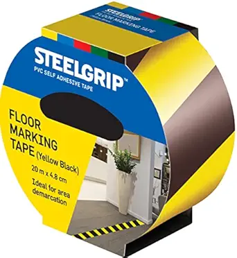 Pidilite Steelgrip Floor Marking Tape (48mm X 20 meters) | High visibility, Waterproof and Durable | Easy to Tear Adhesive Tape (Yellow Black)