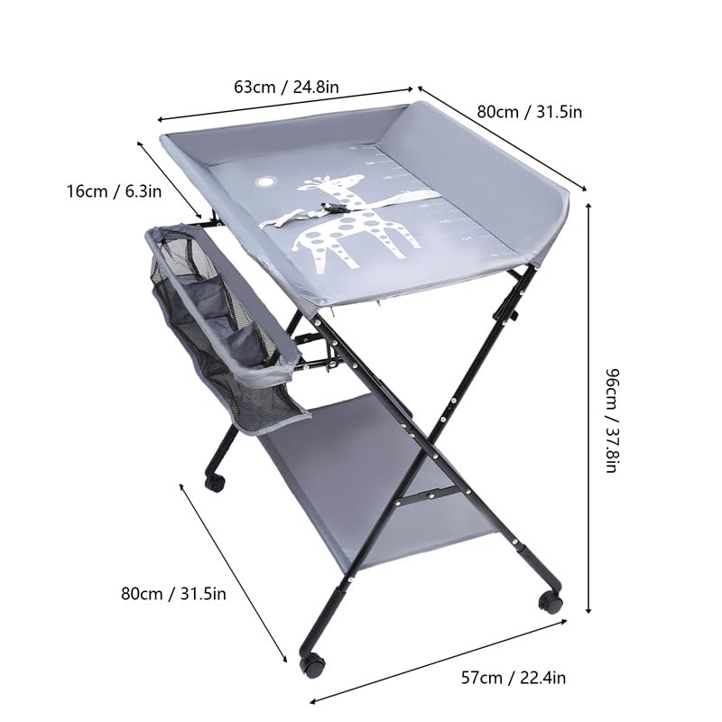 Fasciatoio Pieghevole con Ruote per Bagnetto Neonati Fasciatoio Portatile Cambio Pannolini con Tasche a Rete e Scomparti Portaoggetti Fasciatoio per Bambini (80 * 63 * 96cm-Grigio)