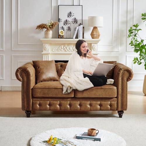 Image of Mid Century Modern Loveseat Sofa, 63.5 inchW Faux Leather Button Tufted Small Couch with Nailhead Trim & Roll Armrest, Comfy Upholstered Chesterfield Sofa for Living Room, Office(2 Seater, Brown)