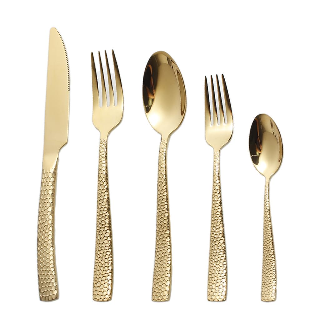 OLSKFUH Cutlery Flatware Cutlery Set, 5/20/30/40 Pieces Square Handle Hammered Stainless Steel Tableware Knives, Forks And Spoons Steak Knives, Forks And Spoons,Gold-4Set-20Pcs