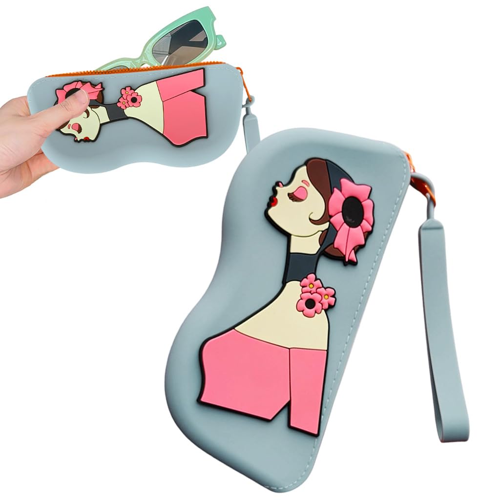 Silicone Eyeglasses Case Sunglasses Travel Case with Lanyard, Zipper Protective Sunglasses Holder, Fashion Illustration Design, Portable Eyewear Storage