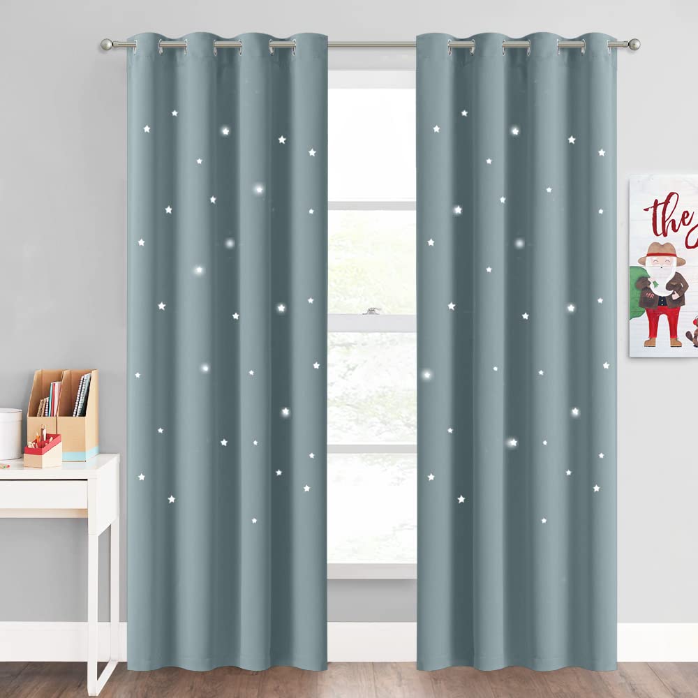 NICETOWN Blackout Curtains for Kids Bedroom, Thermal Insulated Grommet Star Cutout Window Baby Nursery 84 inches Long Curtain for Living Room, Stormy Sea