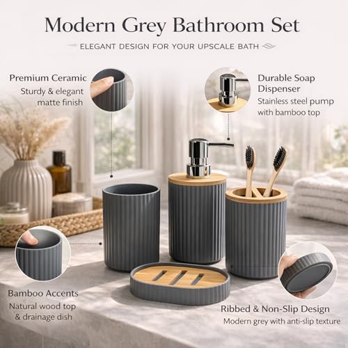 Image of MARKET 99 Bathroom Accessories Set of 4, Grey Plastic Bathroom Countertop Organizer with 350 ml Soap Dispenser, Toothbrush Holder, Tumbler & Soap Dish, Modern Vanity Bathroom Decor Set