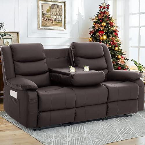 Korser Recliner Sofa, Reclining Loveseat with Console, Oversized Reclining Couch with Drop Down Table, 3-Seater Sofa with Cup Holder and Recessed Power Strip, Brown - image 1