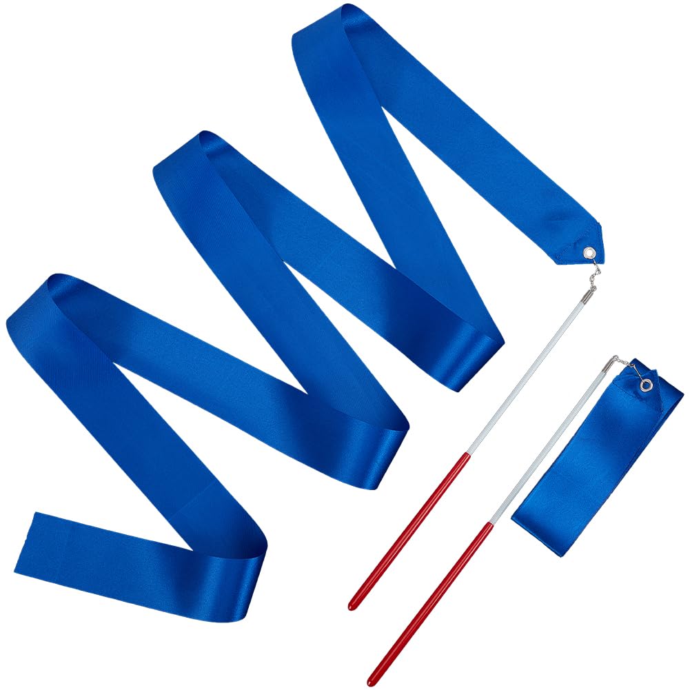 CREATCABIN 2Pcs Dance Ribbons Wands Blue Gymnastics Ribbon with Non-Slip Handles Twirling Ribbons Wands Rhythmic Gymnastics Twirler Sticks Streamers for Talent Shows Artistic Dancing Party 80Inch