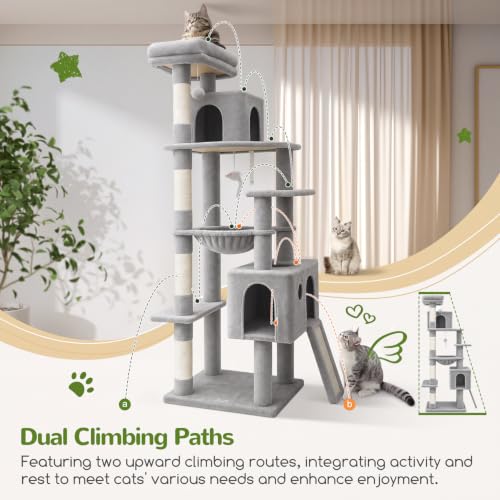 Globlazer Heavy Duty Cat Tree, 70 inch Sturdy Cat Tree for Indoor Cats Extra Large Cat Tower with Scratching Post, Hammock, Cat Condo for Adult Cats Kittens, F70 Pro, Light Grey - Image 6
