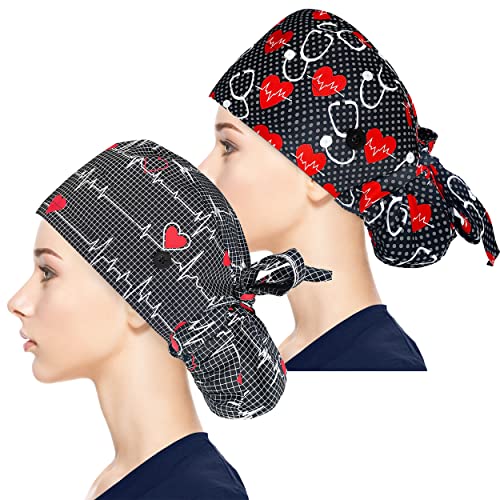 Fesciory Adjustable Working Caps with Button & Sweatband, Women Ponytail Pouch Hats, Long Hair (Stethoscope+Black ECG)