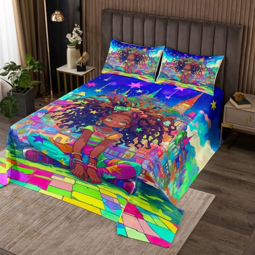 jejeloiu Kids Cute Black Girl Quilted Coverlet King Size African American Girl Bedspread for Boys Girls Star Print Coverlet Set Quilted,1 Bedspread+ 2 Pillow Shams?No Glitter?