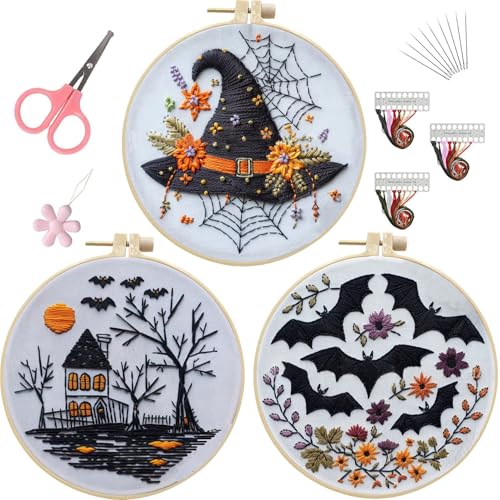 Image of LB Halloween Embroidery Kit for Beginners Adults, 3 Sets Hand Embroidery Starter Kit with Gothic Bat Pattern and Instructions Stamped Cross Stitch Kits Include Embroidery Hoop Needles Threads Scissors