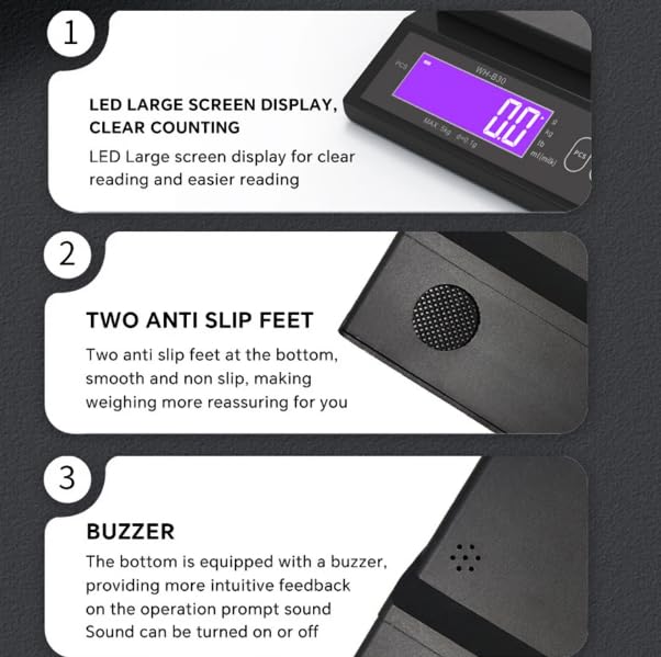 Close-up of scale features: LED display, anti-slip feet, and buzzer