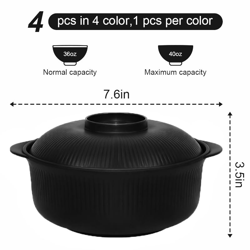 Image of Black 40oz Cereal Bowls with lids set of 4,Microwave Safe,Family&Camping