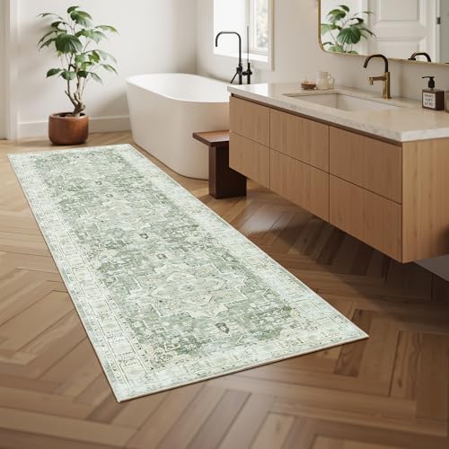 Madane Runner Rug 2x8, Washable Hallway Runner Rugs, Non-Slip Low-Pile Soft Kitchen Rug Runner Laundry Room Rug, Vintage Throw Entry Foyer Mat for Entrance Living Room (Green/Ivory, 2 x 8)