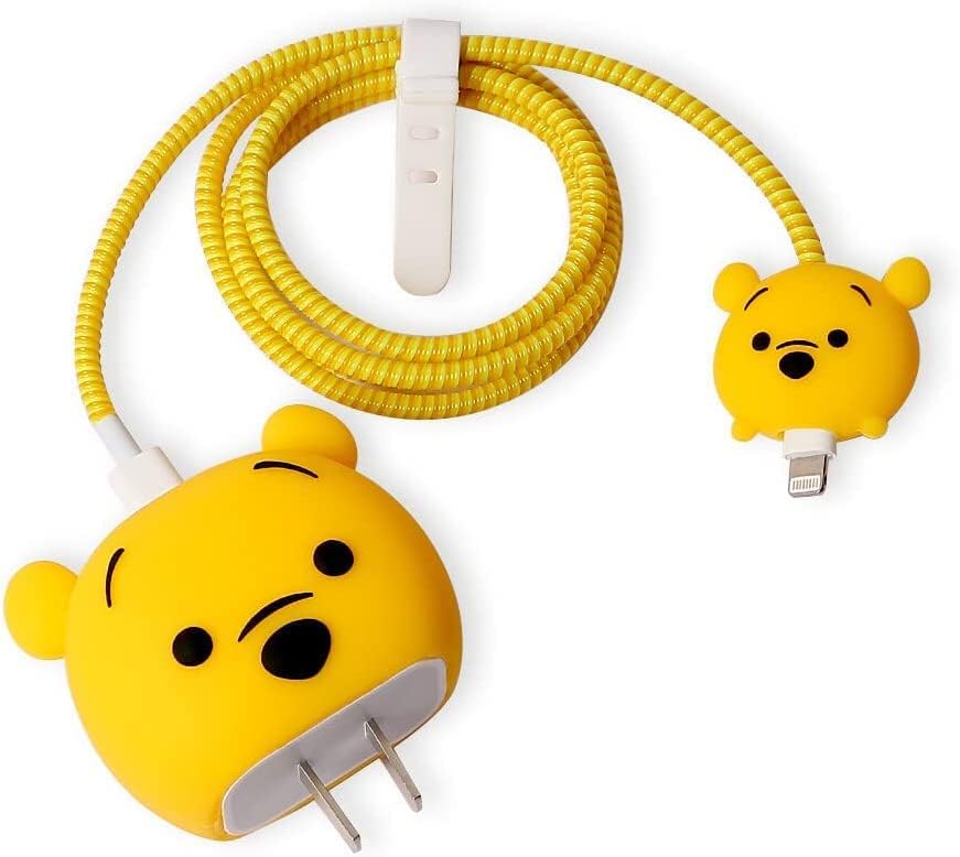 Image of Meyaar Silicone Protective Case for Apple 20W & 18W iPhone USB-C Power Adapter Charger and for USB Lightning Cable, 3D Cartoon Case for iPhone Charger 18W /20W Only (Pooh (Yellow))
