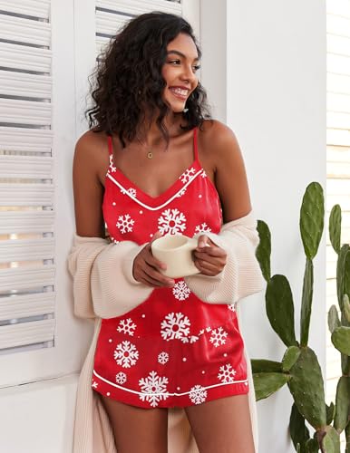 Image of Ekouaer Womens Sexy Pajama Sets Satin Pj Set Soft Sleepwear Lingerie Silk Cami Shorts Set Nightwear Christmas SnowflakeLarge