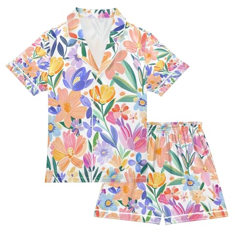 senya Spring Flowers A Satin Summer Pajama Sets Silk Short Sleeve Button Down Sleepwear