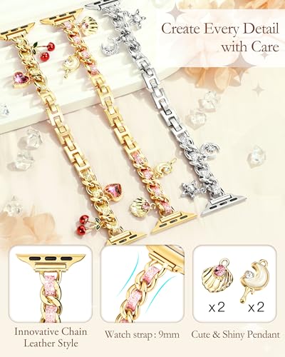 Image of Slim Gold Metal Band Compatible with Apple Watch Bands for Women 38mm 40mm 41mm 42mm 44mm 45mm 46mm, Dressy Designer Charm Bracelet Thin iWatch Bands for SE 3 2 1 Series 11 10 9 8 7 6 5 4 3 2