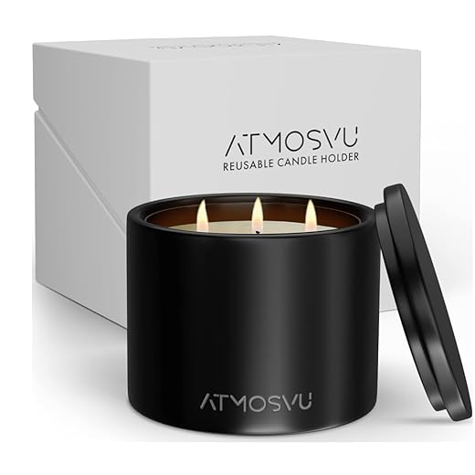 Reusable Candle Holder | Pine Christmas Scented Candle | Sustainable Eco-Friendly Clean Vegan Soy Wax | Gift Box | Large Jar Three Wick | Refillable Candle Holder | ATMOSVU | Luxury Black | Pine Scent