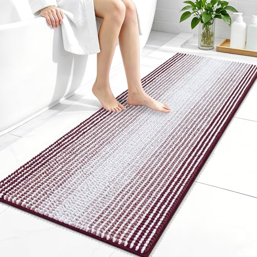 Image of OLANLY Bathroom Runner Rugs 47x20, Extra Soft Absorbent Chenille Striped Bath Rugs, Rubber Backing, Machine Wash Dry, Long Bath Mats for Bathroom, Tub, Shower, Home Decor Accessories, Burgundy