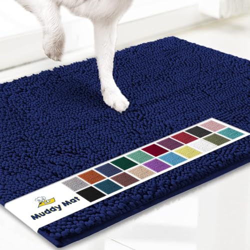 Muddy Mat® AS-SEEN-ON-TV Highly Absorbent Microfiber Dog Door Mat and Pet Rug, Non Slip Thick Washable Area and Bath Mat Soft Chenille for Kitchen Bathroom Bedroom and Indoor - Navy Blue Large 35"X24"