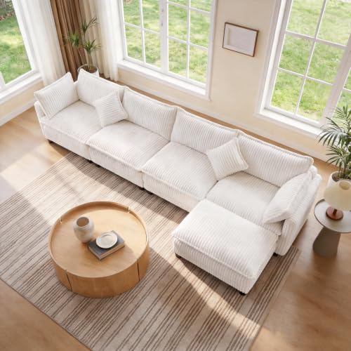 Image of Vesgantti 143 inch Modular Sectional Sofa for Living Room, Comfy Corduroy Upholstered L Shaped Modular Sectional Couches, Modern Cloud Couch with Ottoman Deep Seat, Warm White