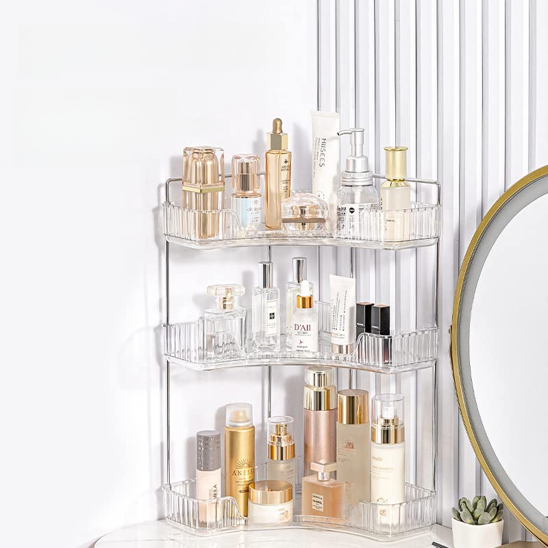 Corner Bathroom Counter Organizer, Vanity Trays for Skincare Makeup 3-Tier Shelf for Cosmetics Toiletries, Lotions, Perfumes (Clear)