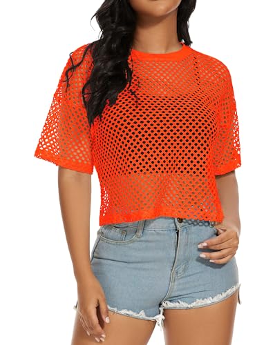 florynova Womens Fishnet Mesh Tops Summer See Through T Shirt Short Sleeve Sheer Blouse(Orange L)