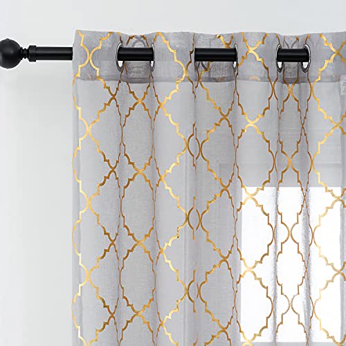 Kotile Grey and Gold Curtains 90-Inch Drop - Metallic Gold Geometric Moroccan Tile Voile, 46 x 90 Inches, 2 Panels