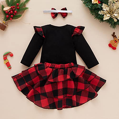 Conjunto de 3 peças de saia para bebês meninas com estampa de Natal + saia xadrez + bandanas para 3