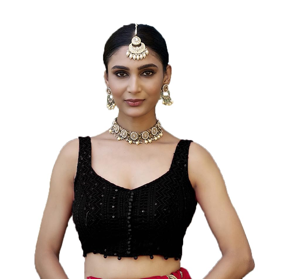 Vihu Fashion Women's Georgett Floral Sleeveless Regular Blouse (Vf B Lucknowi 3 Black 34